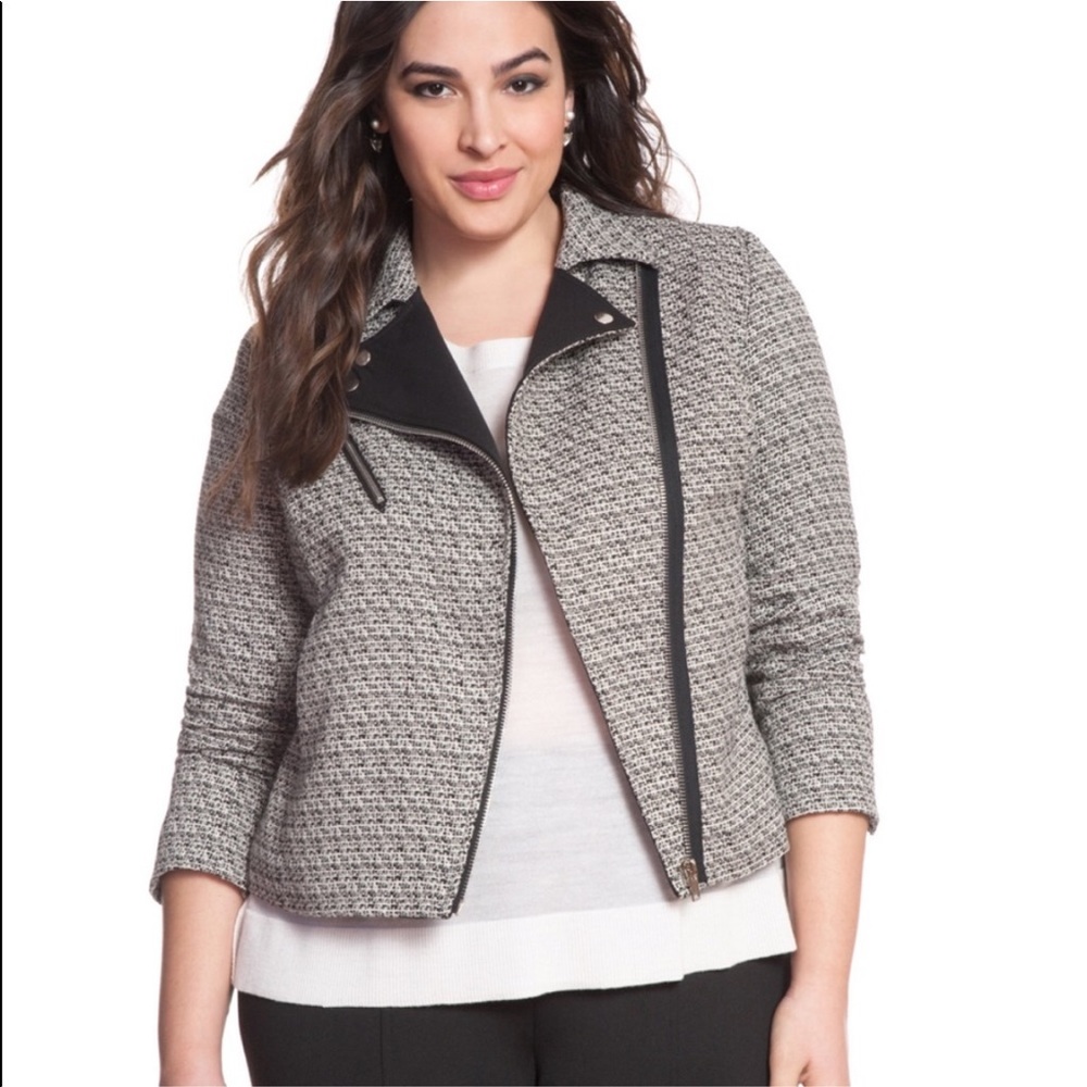ELOQUII jacket tweed moto zip black and white 16